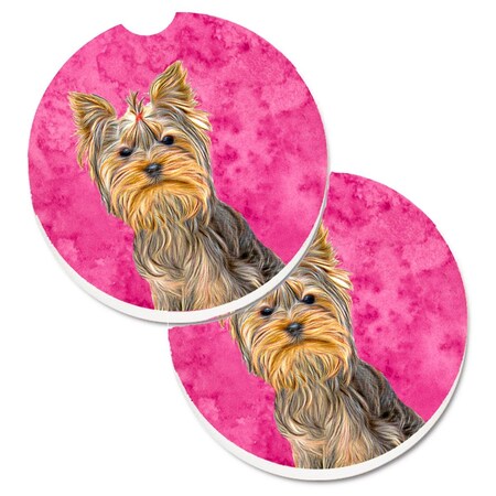 Carolines Treasures Pink Yorkie and Yorkshire Terrier Set of 2 Cup Holder Car Coasters KJ1227PKCARC